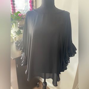 Beautiful black sheer blouse with 3/4 length ruffle sleeves